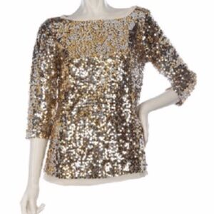 Glamorous Gold Sequin Blouse with Cream Trim